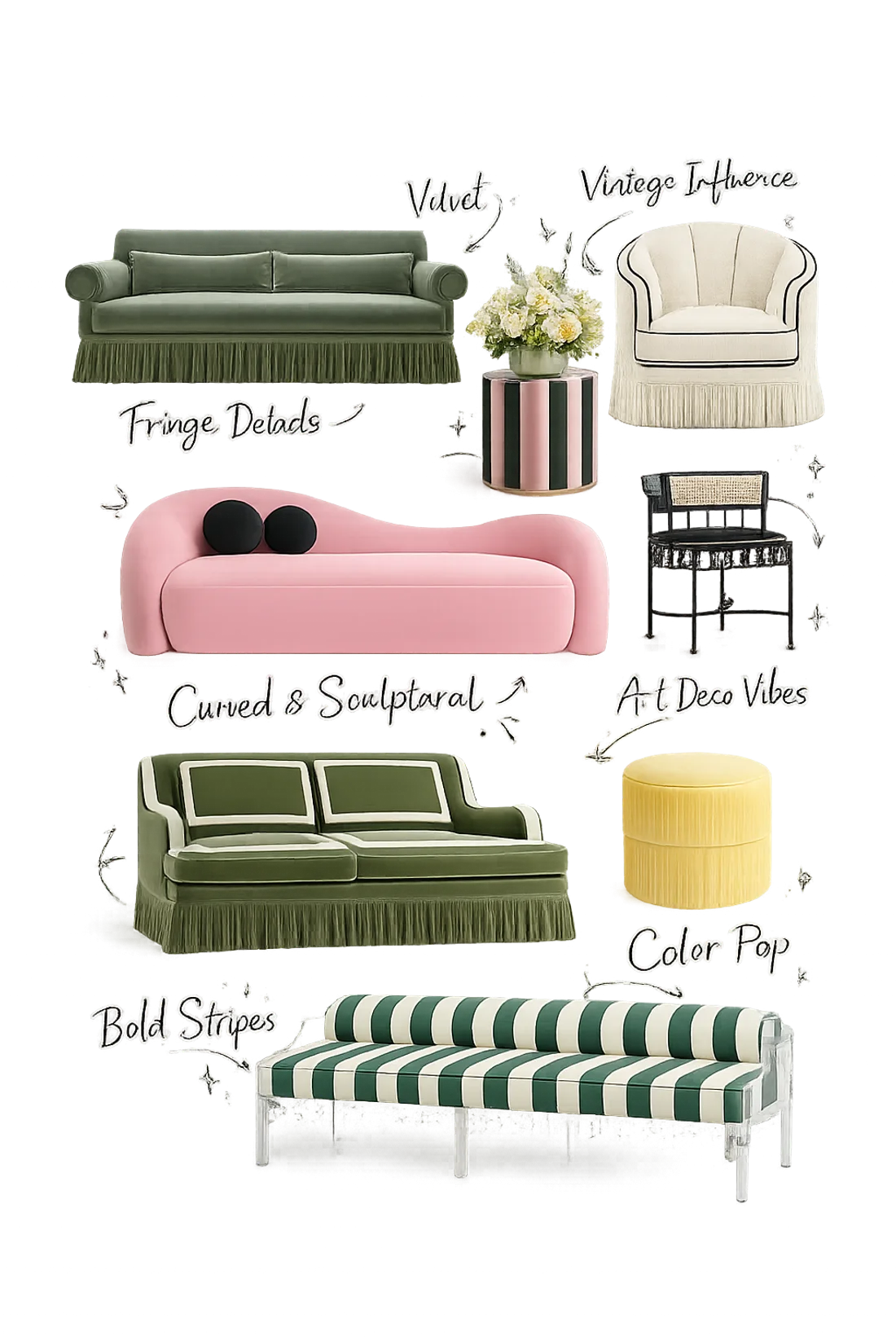 Curated Finesse Collections pieces — fringe-detail velvet sofas, curved sculptural seating, art deco chair, bold striped bench and color-pop pouf